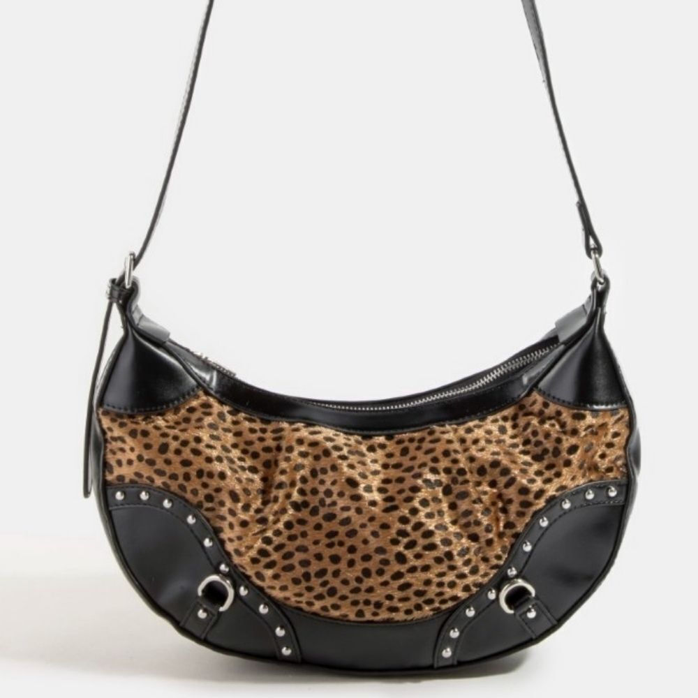 Fame Dark Spotted Leopard Print And Black Women's Shoulder Bag
